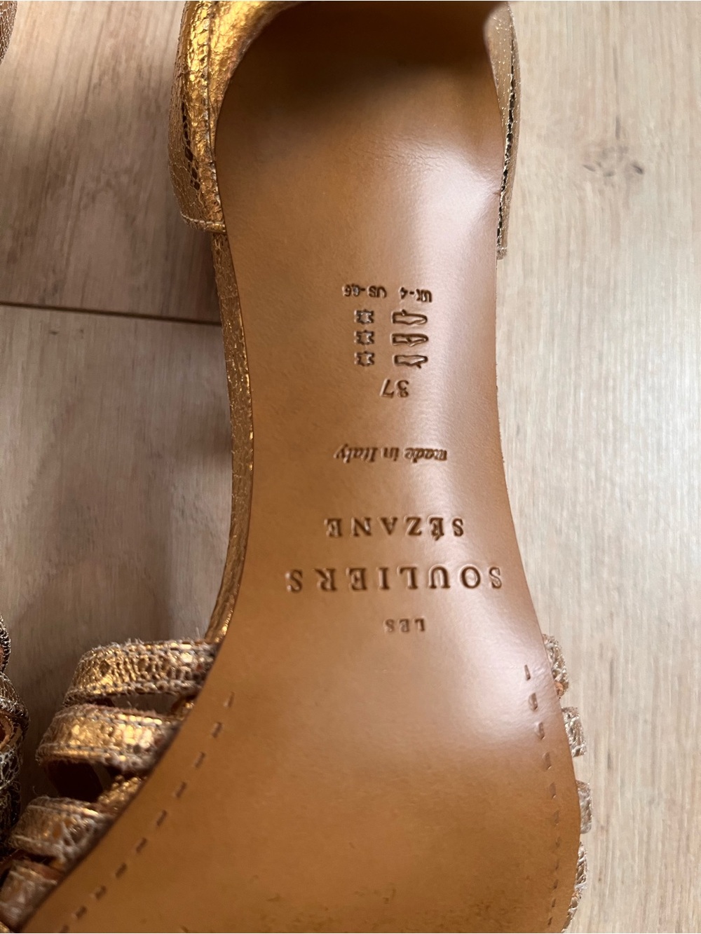 Sezane Gold Metallic Woven T-Strap Heels - Picture 5 of 13